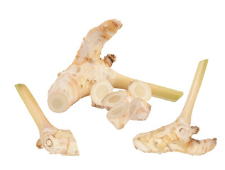 studio photograph featuring galangal rhizomes, sliced and whole, against a black backdrop, perfect for showcasing its aromatic and culinary properties