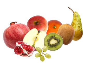 colorful and nutritious fruit assortment featuring pomegranate, apple, peach, kiwi, grapes, and pear in a bright and inviting composition.