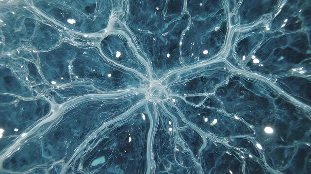 Abstract blue pattern with vein-like structures and glowing particles