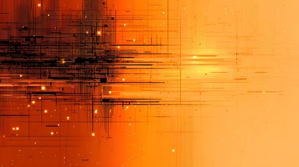 Minimalist orange backdrop with intricate black horizontal data lines, representing futuristic connectivity and digital circuit boards.