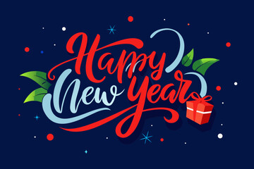 Happy New Year Vector Banner Design Red Script Holly Gift Background
