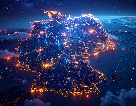 Glowing Germany map outlined with orange lights on a digital dark blue background