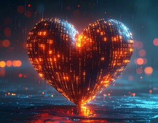 Glowing heart made of binary code against a blurred dark blue and orange background
