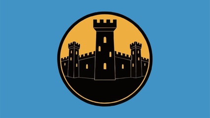 Stylized illustration of a medieval castle silhouette within a golden circle. © Reva