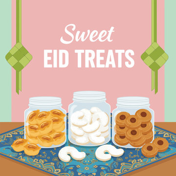 Sweet Eid Treats Illustration with Traditional Kuih Raya Jars