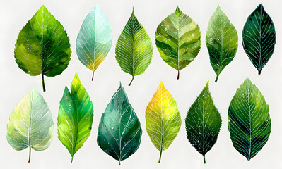 Fototapeta premium A set of abstract green leaves on a transparent background, for logos, designs, for the symbolism of the green planet