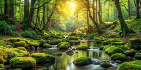 Serene forest glade with a gentle brook and moss-covered rocks amidst lush greenery