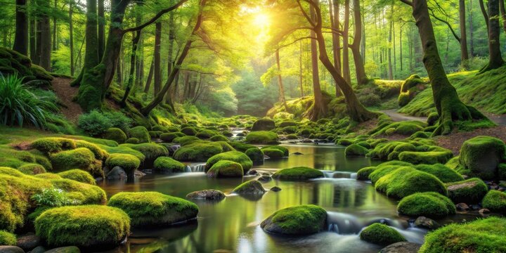 Serene forest glade with a gentle brook and moss-covered rocks amidst lush greenery
