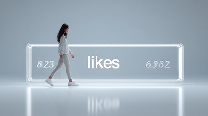 Woman walking past a large digital display showing likes.