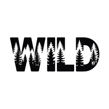 The word wild with a forest silhouette filling each letter