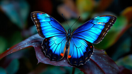 A magnificent blue butterfly with striking open iridescent wings resting on a dark leaf its vibrant