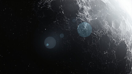 A vast ancient moonscape deeply cratered recounts cosmic history with bright flares and dark space