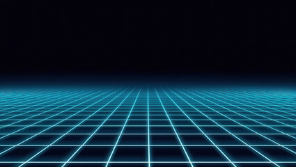 Futuristic glowing blue grid pattern in dark space with vanishing perspective glowing grid neon grid
