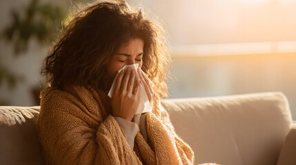 Woman with a cold wrapped in a blanket blowing her nose.