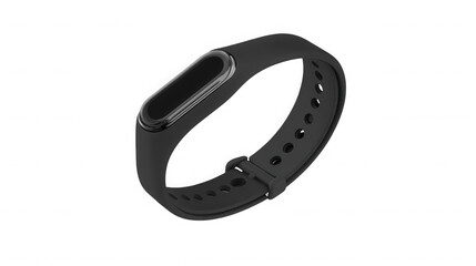 A close up shot of a black fitness tracker with a screen and a rubber strap on black background on transparent background