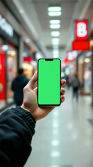 Hand holds phone with green screen for future apps in busy mall blurred background overhead lights