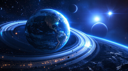 An awe inspiring ringed exoplanet glowing with civilization s lights shines brightly across the