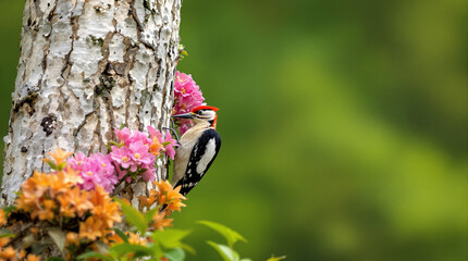 Vibrant red capped woodpecker on distinctive tree bark near blooming pink and orange flowers soft