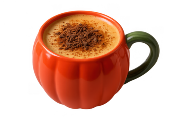 Warm pumpkin spice latte in orange mug with chocolate shavings and cinnamon, autumn season drink, cozy beverage on transparent background