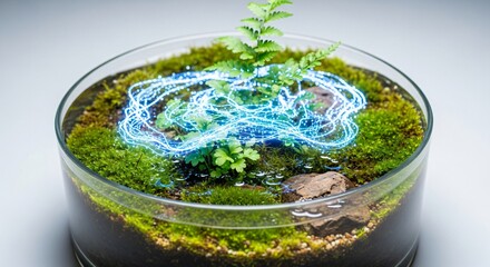 Digital Energy Waves in Miniature Terrarium Ecosystem Isolated on White