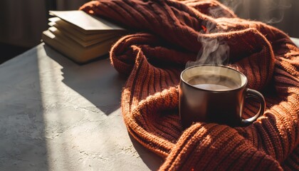 Warm Coffee Mug with Steam Surrounded by Cozy Knit Blanket and Books in Bright Morning Light
