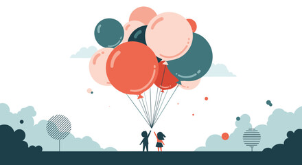 Naklejka premium Silhouettes of a boy and a girl standing in a park holding a large cluster of colorful floating balloons against a white sky.