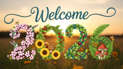 Obraz premium Vibrant floral welcome message with lush greenery and wildlife