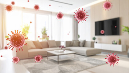 Red coronavirus particles floating in a bright, airy modern living room covid19 pandemic