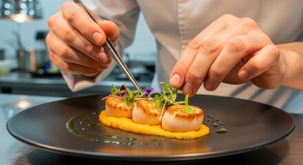 A chef's hands preparing a dish with scallops and garnish on a black plate.