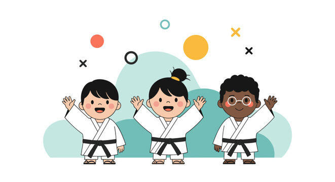 Group of three diverse children wearing white karate uniforms and black belts wave happily against a decorative abstract background.