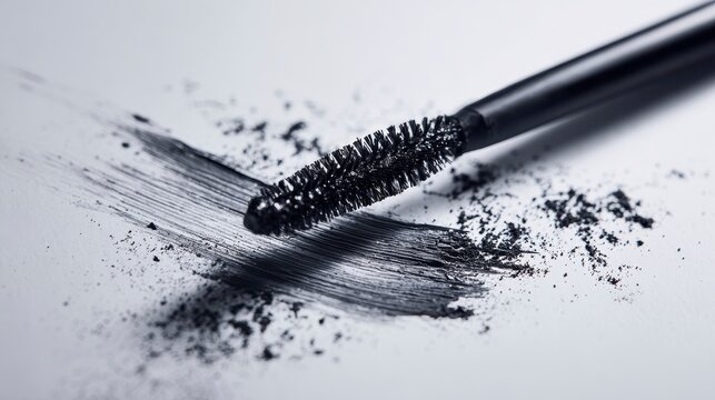 Macro shot of black mascara wand leaving a thick stroke and scattered flecks on a white, slightly textured surface, close-up details