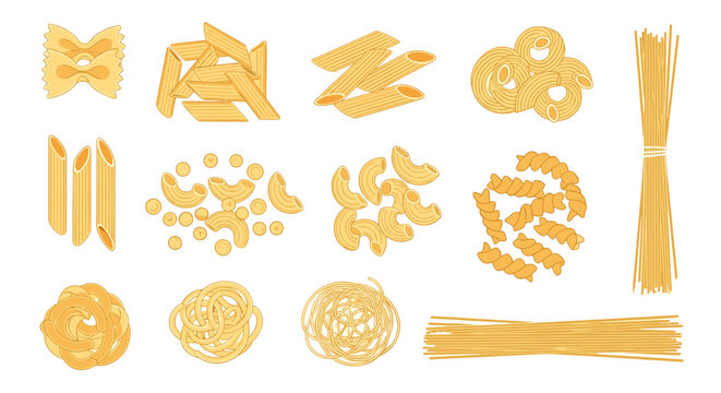 Diverse assortment of dried pasta varieties including penne, fusilli, macaroni, farfalle, and spaghetti bundles.