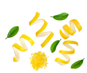 bright photograph of lemon zest and leaves arranged on a transparent background, perfect for blogs or culinary-themed social media posts.