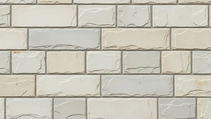 Obraz premium Close-up of a textured brick wall with rectangular off-white and gray bricks in a staggered pattern against a white background.