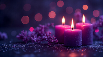 Elegant purple candles with radiant glowing flames arranged on a festive dinner table, surrounded by crystal glasses, silver cutlery, and scattered rose petals, creating a dreamy holiday atmosphere.