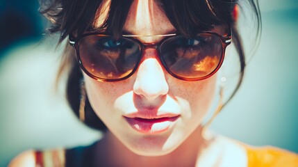 Close-up portrait of a woman with sunglasses reflecting the sky.