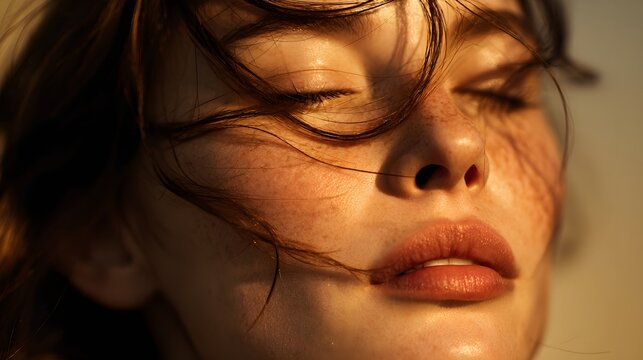 Close-up portrait of a woman with windblown hair enjoying the sunlight.