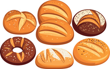 Collection of Fresh Bakery Products Including Various Artisan Bread Loaves Buns and Pastries Isolated on White