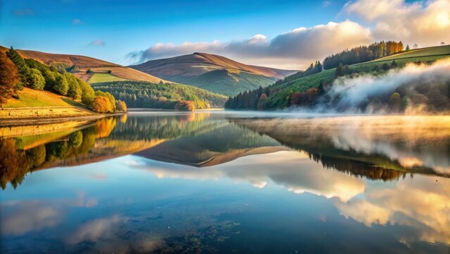 Serene waters of Ladybower Reservoir at sunrise in Peak District National Park with misty fog rolling in