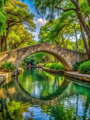 Arched stone bridge over San Antonio River in Texas landscape