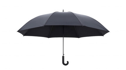 A single black umbrella is open against a black background with a curved handle and metal frame on transparent background