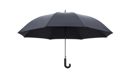 A single black umbrella is open against a black background with a curved handle and metal frame on transparent background