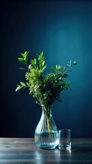 Elegant Glass Vase on Dark Blue Background with Fresh Greenery Filled