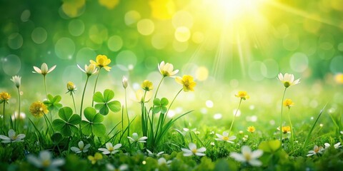Emerald green grassy field with a cluster of bright yellow shamrocks and delicate white flowers
