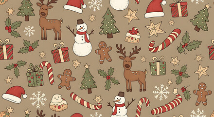 Festive christmas pattern with holiday decorations and transparent background
