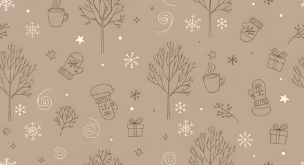 Winter themed pattern with snowflakes mittens and gift boxes on tan background