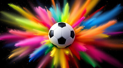 A classic soccer ball igniting a radiant explosion of multi colored powder celebrating sport with