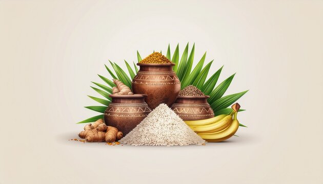 A vibrant composite illustration featuring a stack of three traditional Pongal clay pots decorated with kolam patterns, surrounded by fresh sugarcane stalks and ripe bananas, symbolizing abundance and