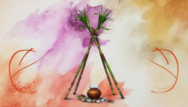 A rustic and minimalist illustration of a traditional Pongal sugarcane shelter mandapam, created with simple shapes, earthy tones, and natural textures, representing rural South Indian harvest rituals