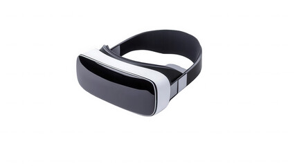 A vr headset with a black and white design sitting on a black background in a studio setting on transparent background
